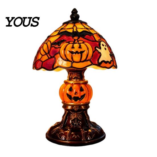 Non Dazzling Bedroom Lamp Halloween Vintage Table Lamp, Retro Resin Pumpkin Skeleton Black Cat Decorative Night Light, Gothic Bedside for Living Room