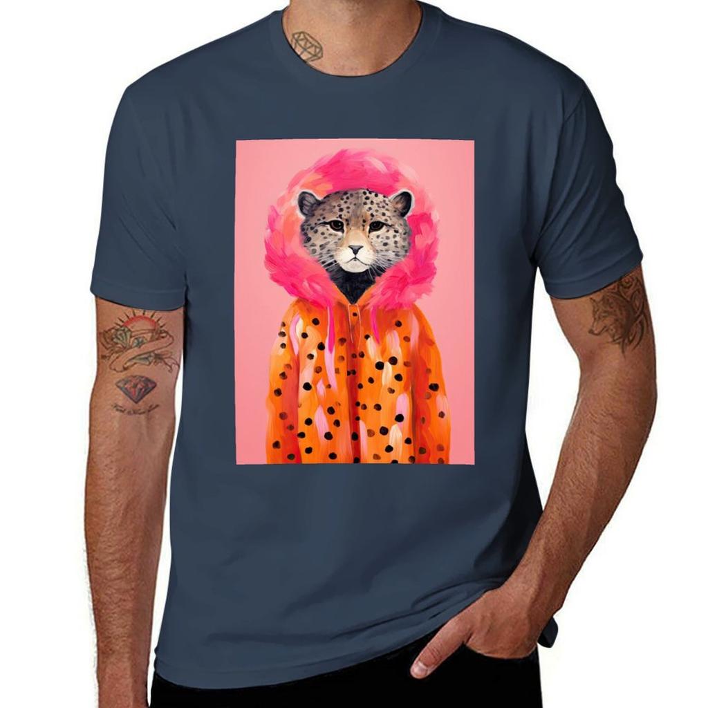 Watercolor Leopard In Orange Fur Coat Funky Animal Fashion Art Print Tshirt Casual Loose Fit Short Sleeve Tshirt