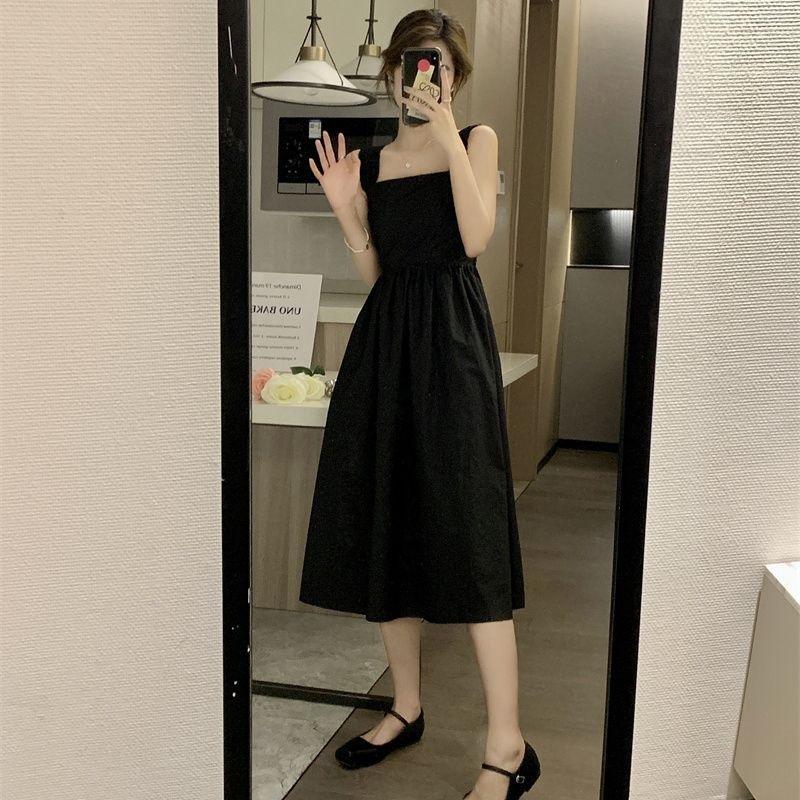 YYFS Women's Fashion Summer Spring Solid Color Print Sleeveless Square Collar High Waist Casual Dresses