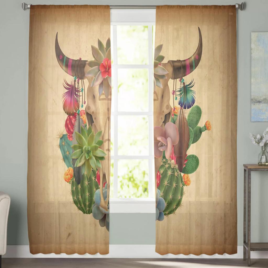 Summer Cactus Cow Skull Retro Chiffon Curtains Living Room Bedroom Home Decoration Window Voiles Tulle Curtain Sheer Made Of Polyester Area Decor