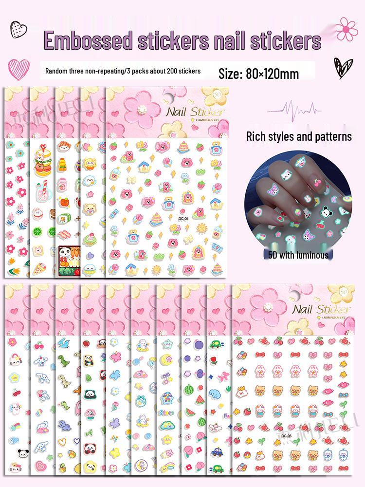 Glow-in-the-Dark 5D Embossed Nail Stickers for Kids - Waterproof, Long-Lasting Princess Nail Art Patches for Toes