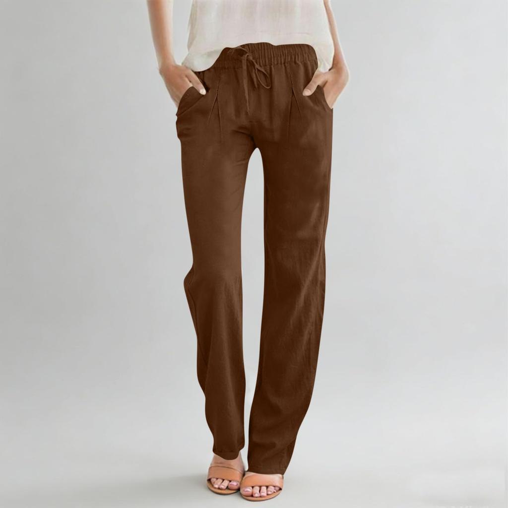 Pantalon décontracté pour femme en coton et lin, droit, à cordon de serrage, taille haute, ample, pantalon de plage avec poche