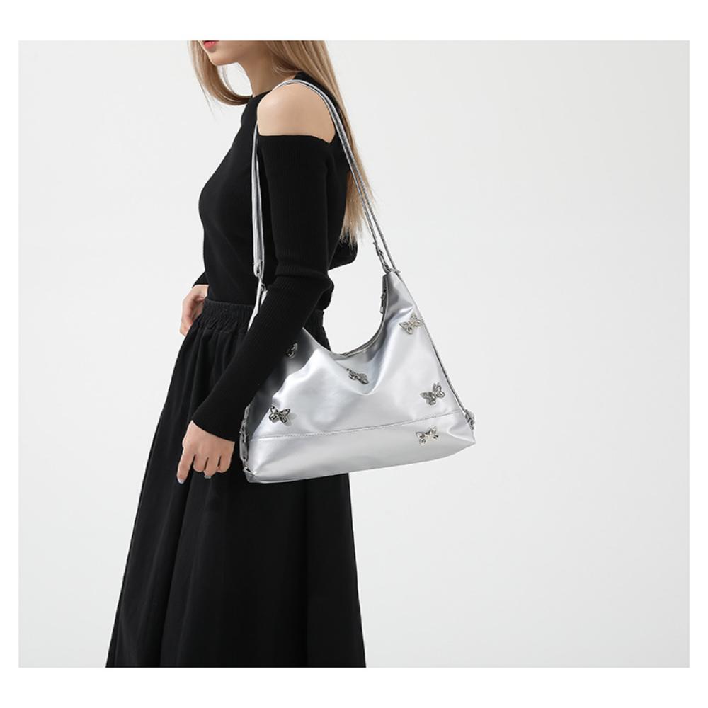 Womens Fashion Butterfly Design Shoulder Crossbody Bag Light Luxury Handbags Pu Leather Bucket Bag Chic Clutch Purse Trend