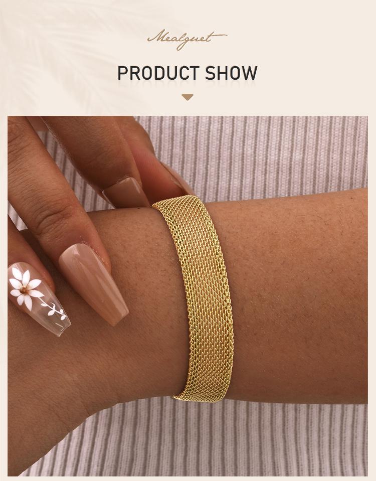 Wide Brand Stainless Steel Mesh Link Chain Bracelet For Women, Adjustable Wirst Jewelry Non Tarnish Waterproof