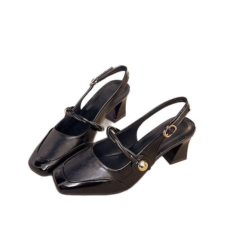 Square Head Shallow Mouth Bag Head Empty Thick Heel Sandals Women's Summer New Retro One-word with Medium and High Heel Mary Jane Women's Shoes