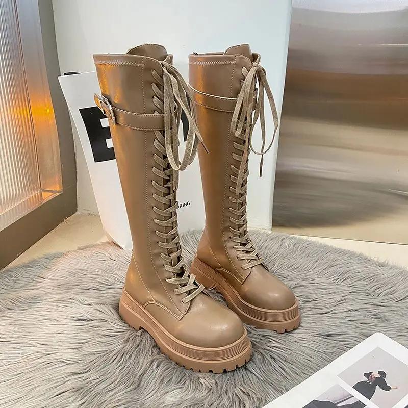 Fashion Lace-up Winter 2025 Knee High Shaft Shoes Woman With Laces Platform Long Boots for Women Waterproof Demi-season Work Spring New