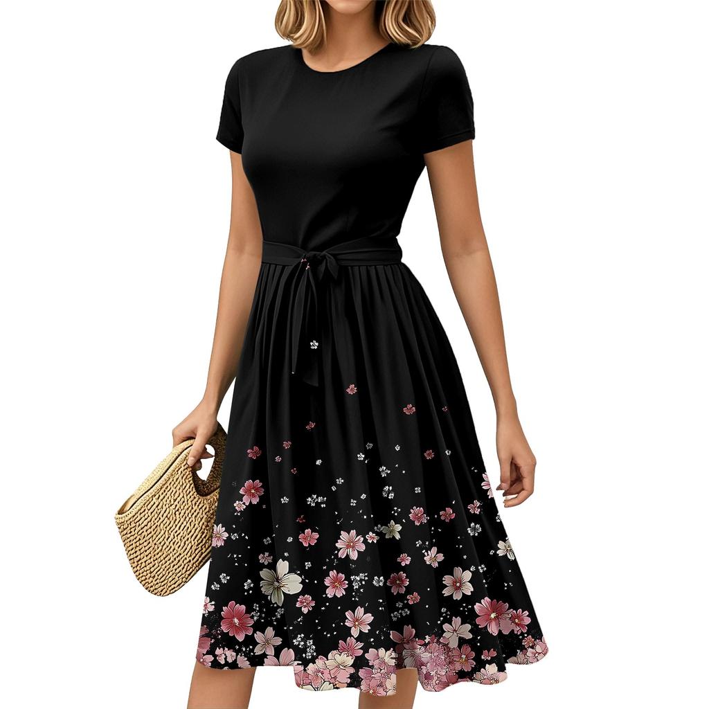 Mote Dame Casual Belte Kortermet Rund Hals Geometrisk Trykk Spleiset Elegant Temperament Kjoler