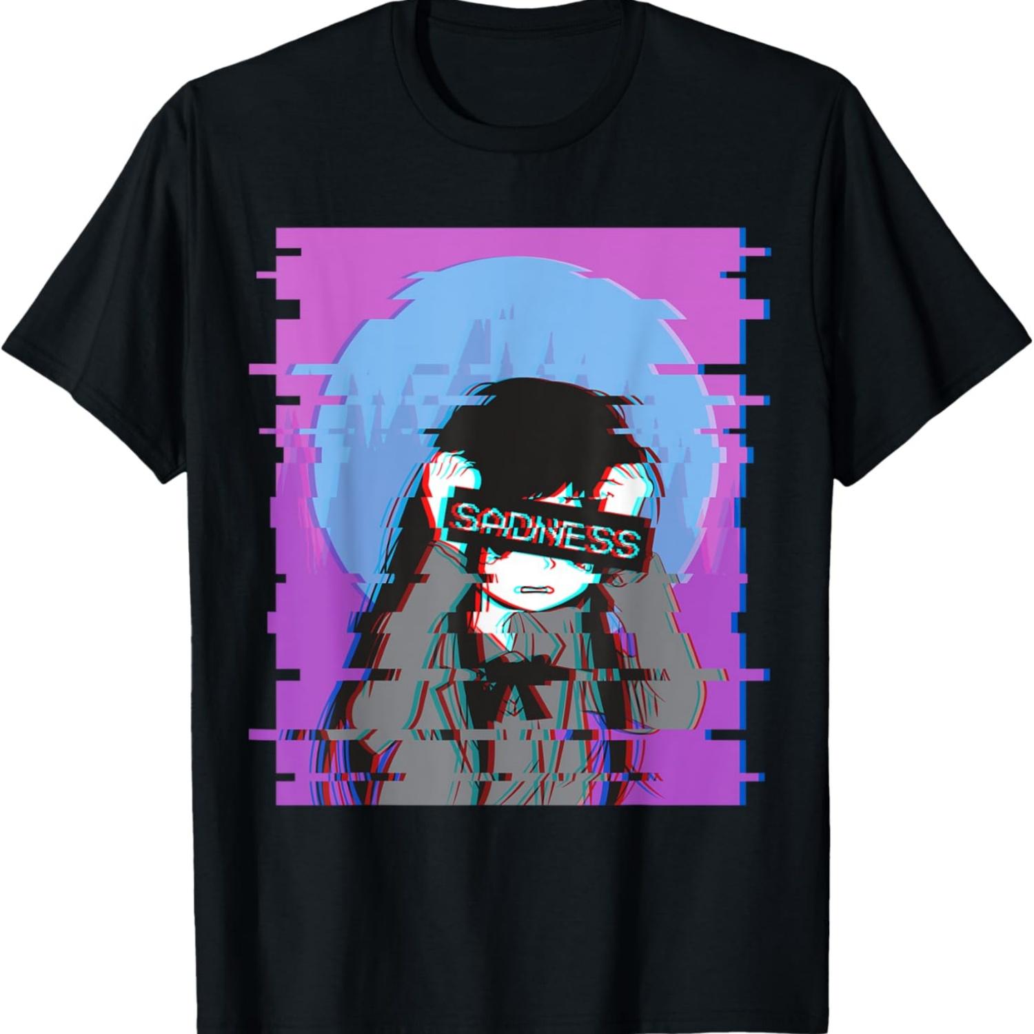 Sad Anime Girl - Japanese Aesthetic Vaporwave Anime Otaku T-Shirt S чёрный