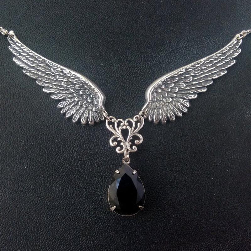 Gothic Angel Wings Black Dangle Necklace