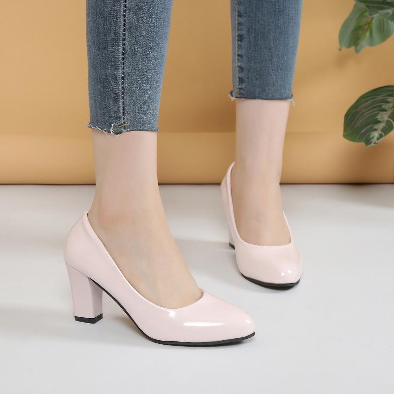 2025 New Professional Shallow Mouth Single Shoes Female with Round Head Slip Black Thick High Heel Ol Work Female Shoes