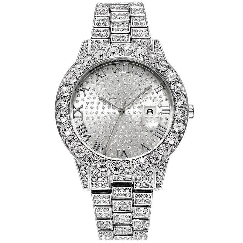 3pcs/set 15mm Necklace+Bracelet+Watch Cuban Chain Watch Hip Hop Miami Curb Iced Out Paved Rhinestone Rapper Cuban Men Jewelry