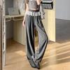 Gray Lace Polka Dot Scimitar Pants: Women's High Waist Drawstring Loose Wide Leg Sports Pants for Spring