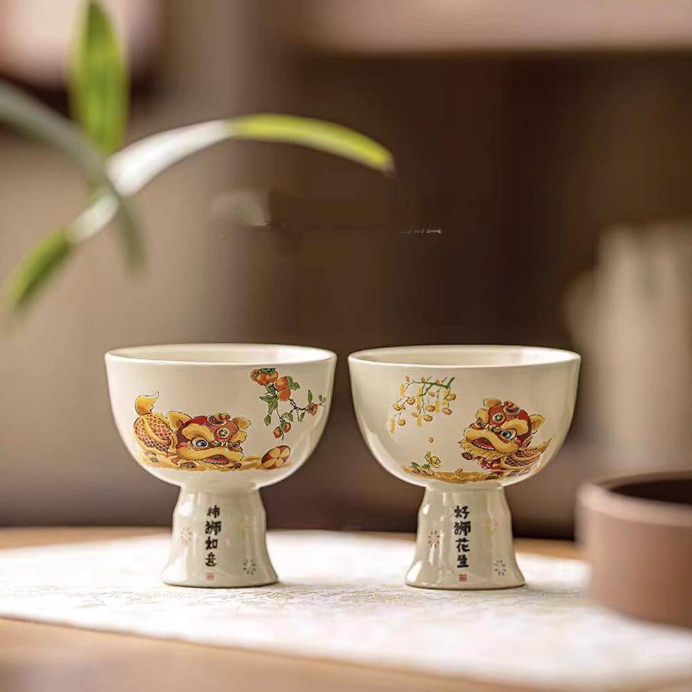 Grass And Wood Ash Lion Dancing Guochao Chinese Style Tea Drinking Cup Ceramic Household Kung Fu Tea Master Cup Single Cup Tea Tasting Cup