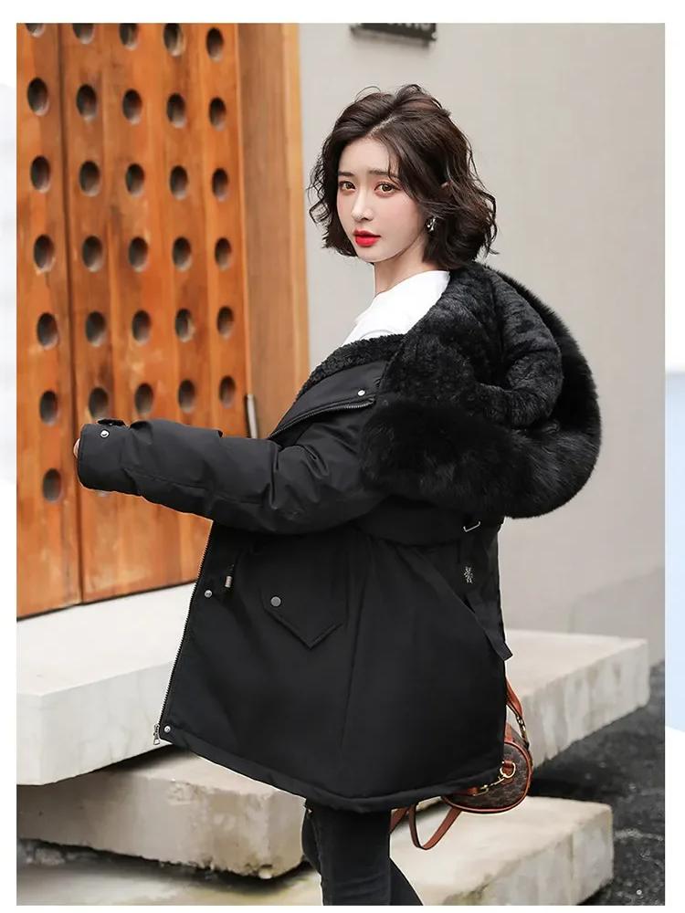 Women Parka Fashion Long Coat Wool Liner Hooded Parkas 2024 New Winter Jacket Slim with Fur Collar Warm Snow Wear Padded Clothes