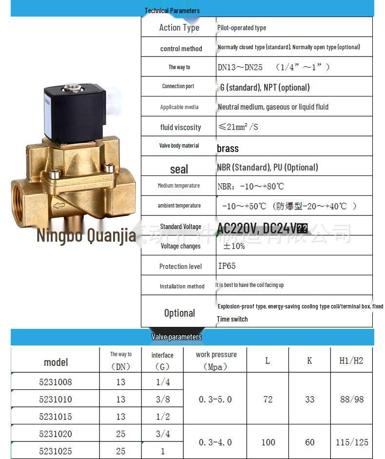 Quanjia 5231025 High-Pressure Piston Solenoid Valve for Gas and Testing Equipment