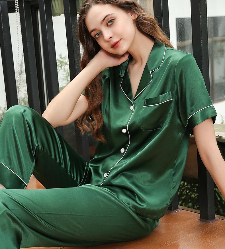 Girls' Imitation Silk Pajama Set - Short Sleeve Top & Long Pants, Lapel Design, Spring/Summer Homewear