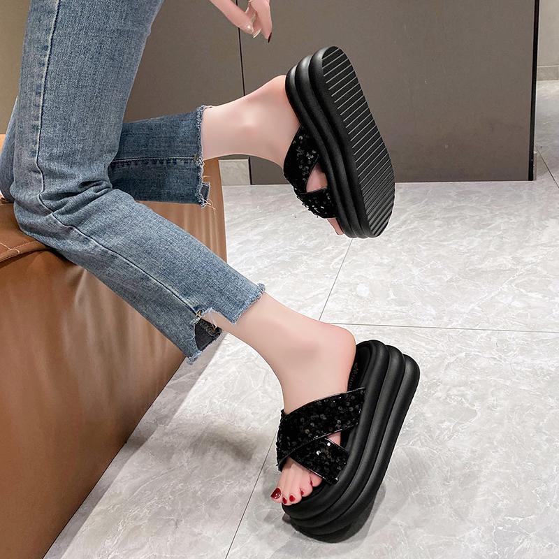 Mode Sommer Bling Hausschuhe Damen Chunky Sandalen 2024 Mode Damen 7CM Keile Plateau Schuhe Frau Offene Zehen Flats Strand Flip Flops