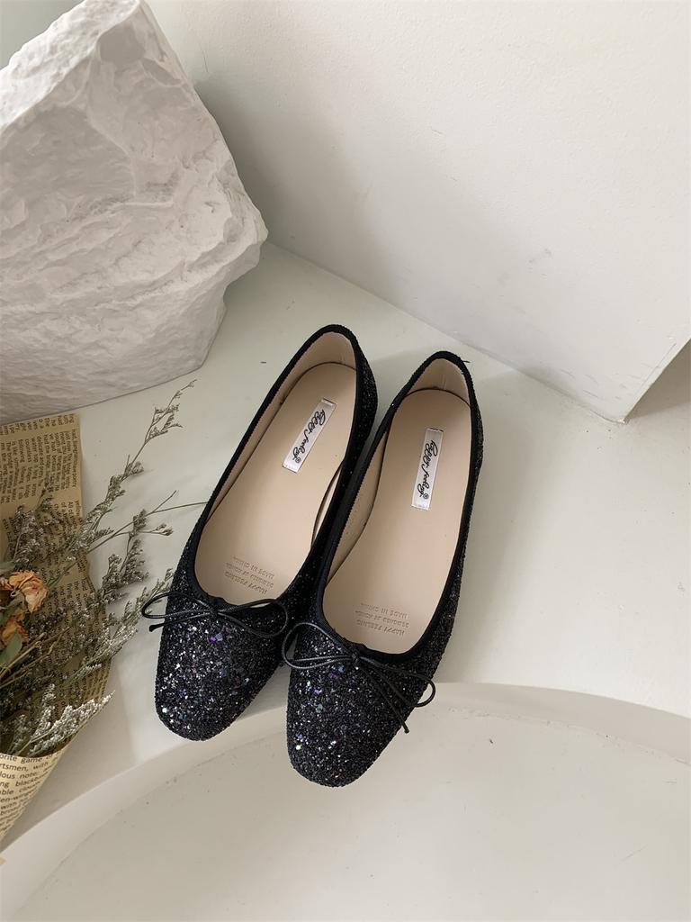 Fairy shoes gentle single shoes spring 2025 new shallow mouth round head bow sequined soft sole one pedal Doudou shoes