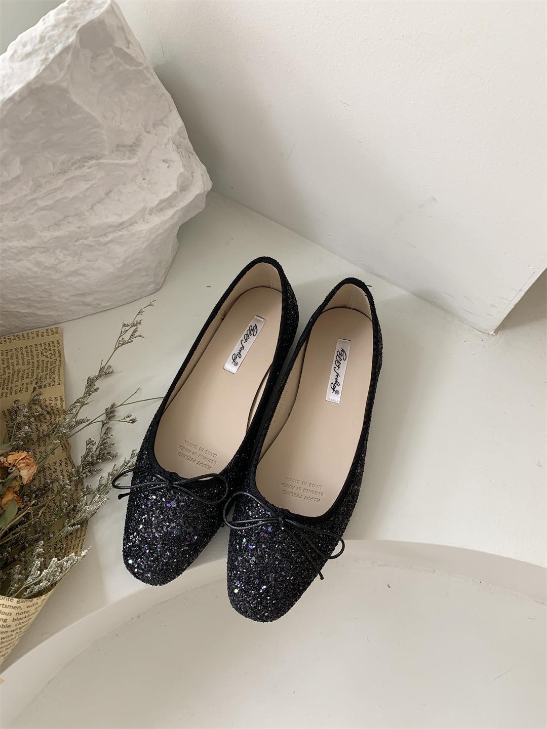 

Fairy shoes gentle single shoes spring 2025 new shallow mouth round head bow sequined soft sole one pedal Doudou shoes 40