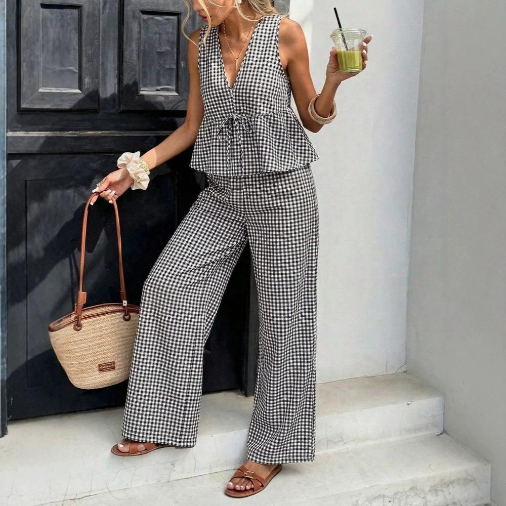 Ensemble 2 pièces élégant : Haut rayé sans manches à encolure en V et Pantalon large taille haute, Tenue décontractée d'été pour les vacances