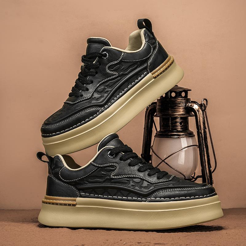 Korean version leather surface retro fashion casual board shoes men's low-top lace-up thick-soled heightening shoes student niche trendy shoes