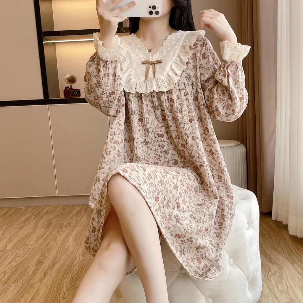 nightdress pure cotton double-layer crepe women's long-sleeved skirt spring and autumn thin cotton summer cute Korean version lace home skirt
