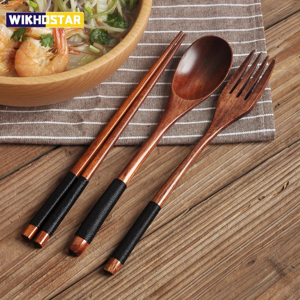 WIKHOSTAR Vaisselle en bois naturel, 3 pièces, cuillère, baguettes, fourchette, vaisselle Portable