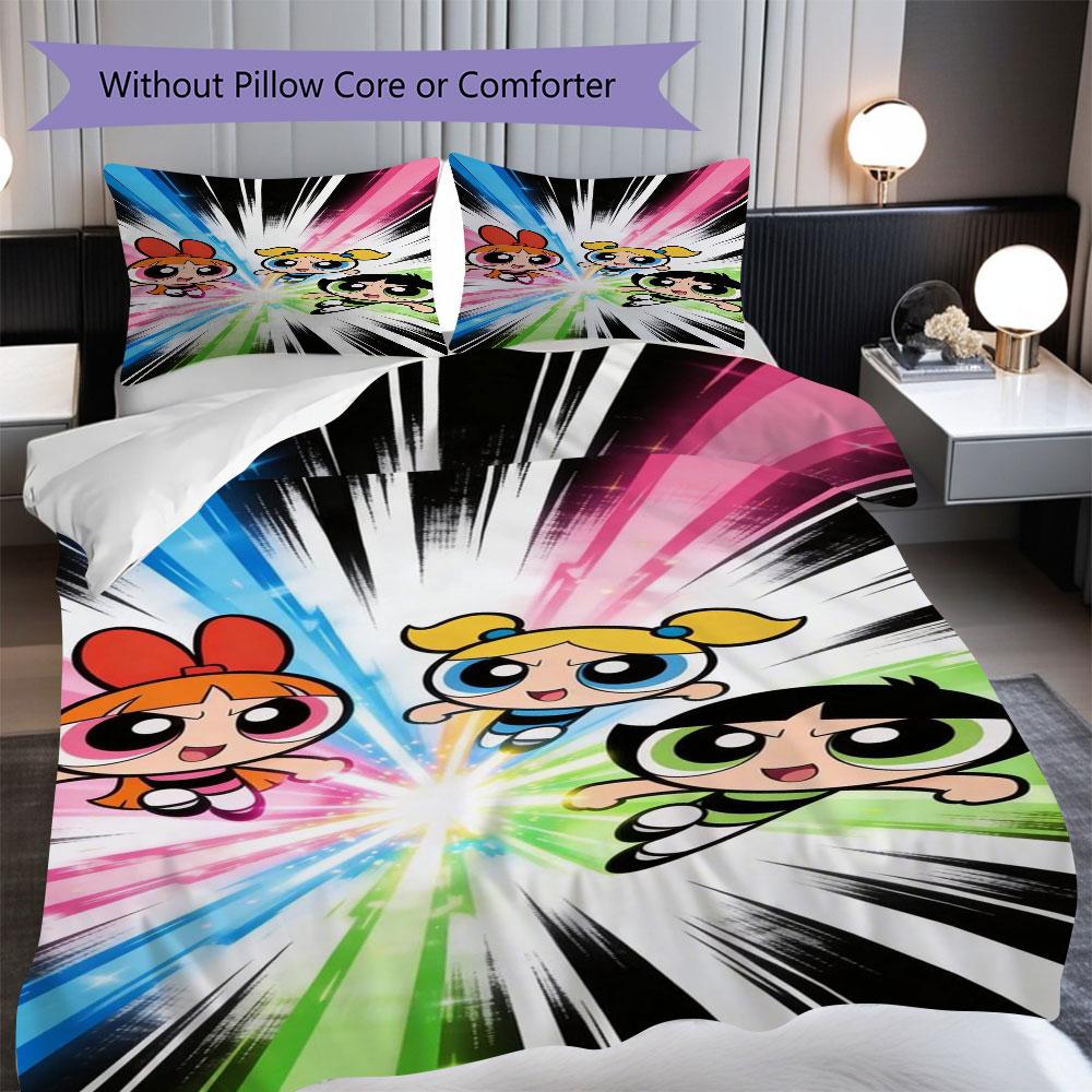 Cartoon Powerpuff Girls print children's duvet cover set, soft and skin-friendly, available in multiple sizes, bedroom bedding.