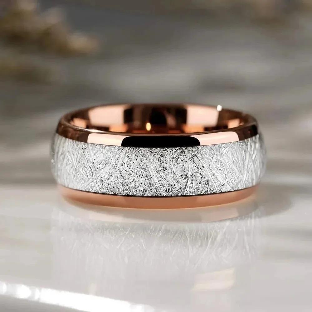 Trendy 8mm Rose Gold Color Men Stainless Steel Rings Vintage Imitated Meteorites Inlaid Rings For Men Wedding Band  Gifts