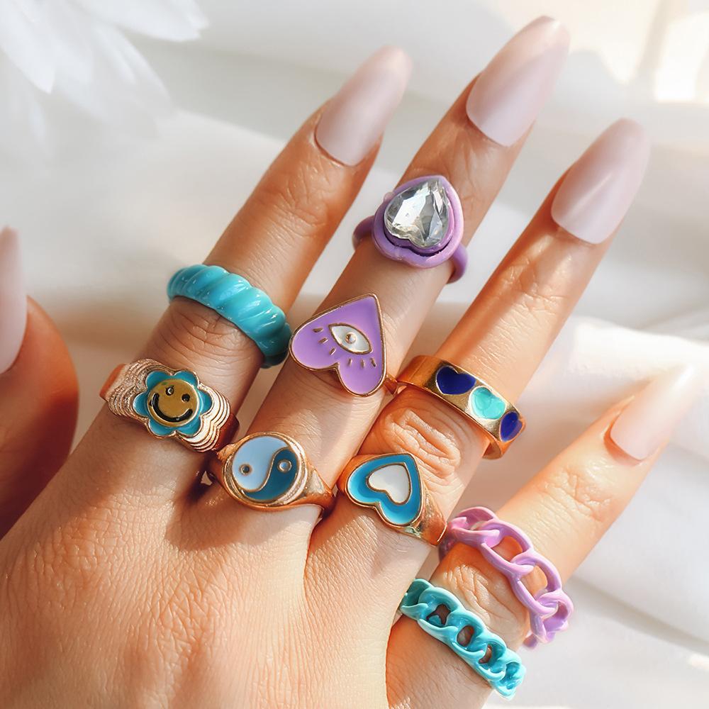 

Personalized Color Oil Drop Ring, Fashionable And Colorful Sunflower Smiley Face, Love Diamond-Set Simple Ring