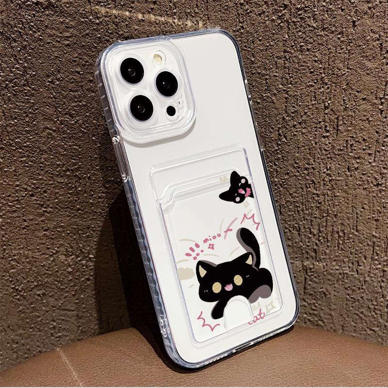 Cartoon Black Cat Printed Soft TPU Clear Shockproof Casing Protective Cover Transparent Full Back Case with 1 Card Slot Holder