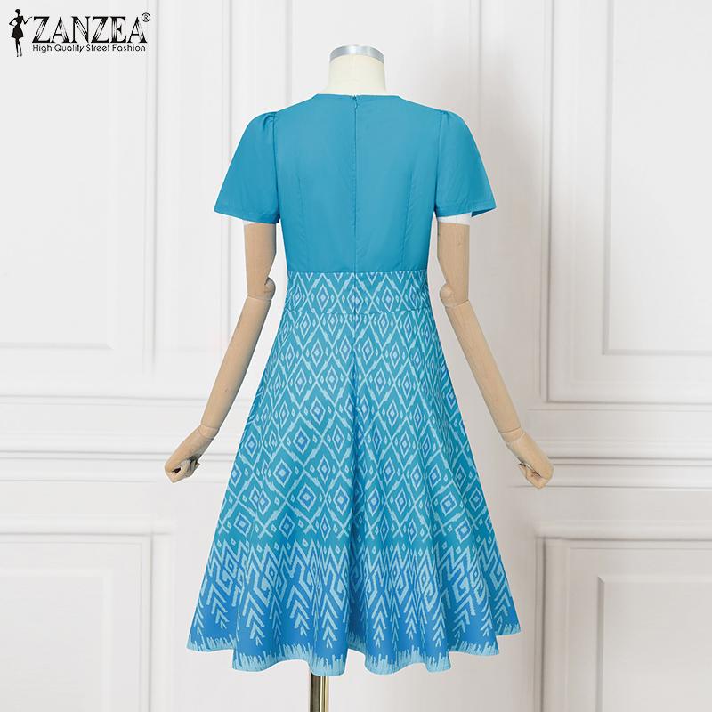 ZANZEA Women Summer Casual Round Neck Short Sleeve Patchwork Print Dres