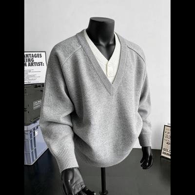 Men's Gray Two-Piece Faux V-Neck Sweater, Korean and Old Money Style, Trendy American Pullover Knitwear Jacket