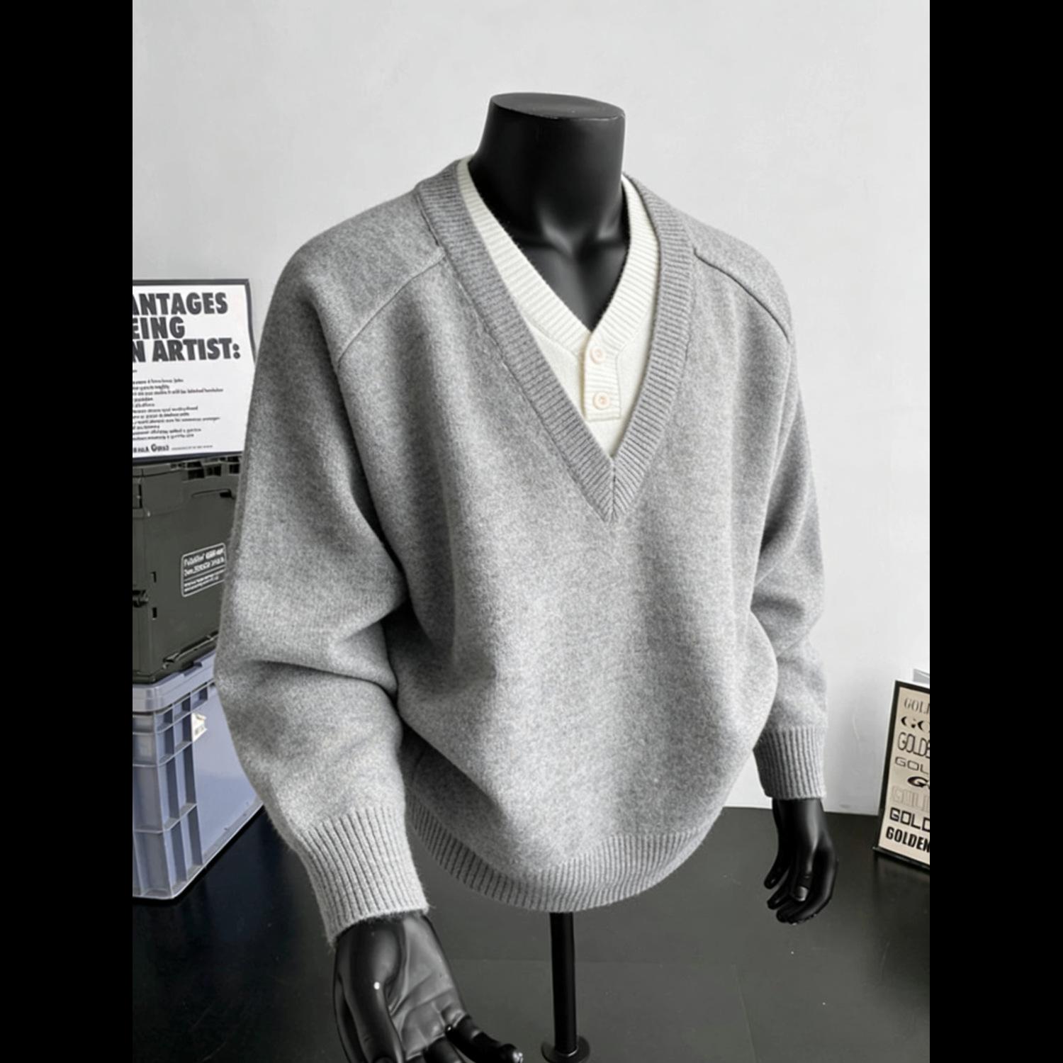 Men s Dark Grey V-Neck Faux Two-Piece Sweater, Korean Old Money Style, Solid Color Knit Pullover. XL