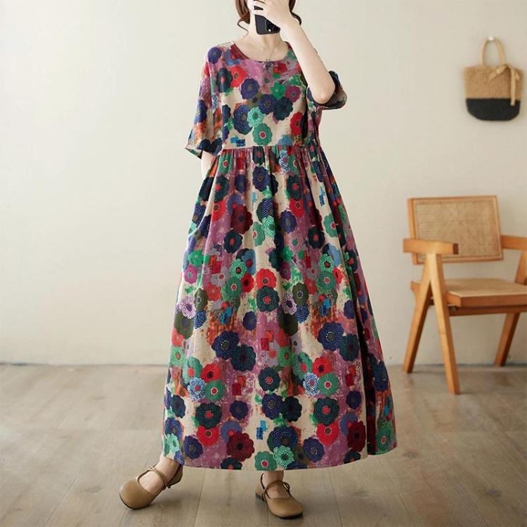 

Plus Size Floral Long Dress Women Oversize Loose Beach Elegant Spring Summer Dress Style 6702 One Size