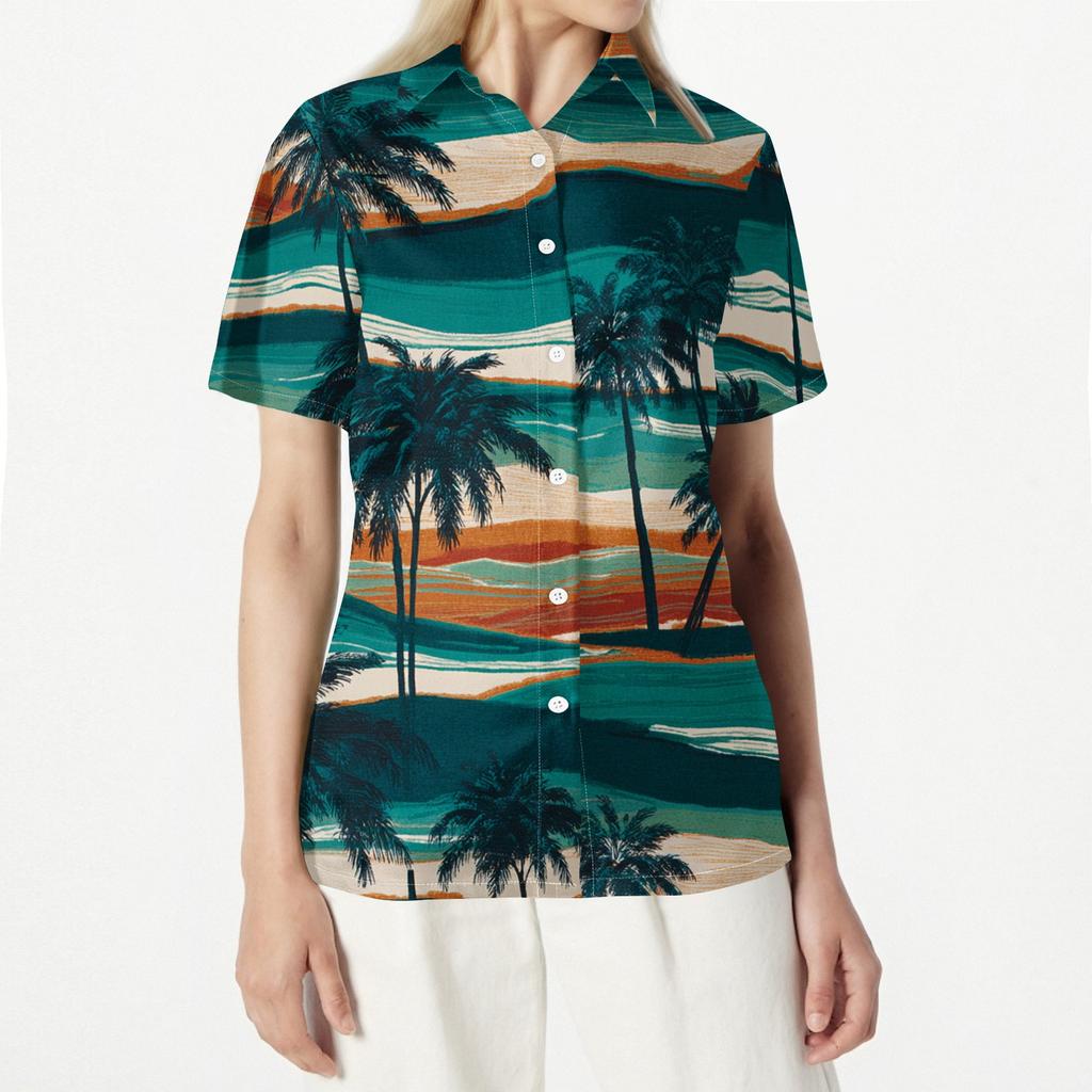 Damen Hawaii-Print Kurzarm Hemd mit Knöpfen, Lässiges Sommer Top
