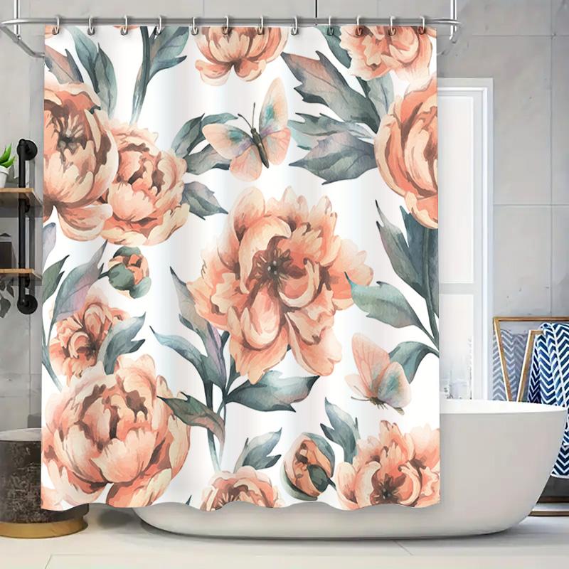 

Floral Shower Curtain Peach Peony Design With Green Leaves Rustic Decor For Bathrooms Waterproof Fabric Easy Hanging 72 X 84 W60H190(CM)-1 Pcs