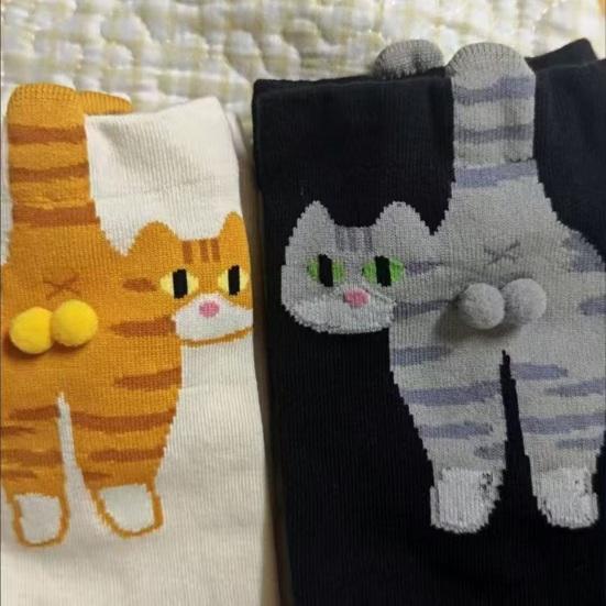Cute Cat Socks with Balls for Women 3D Funny Cat Socks with Fuzzy Balls Novelty Animal Crew Cotton Sock for Cats Lovers