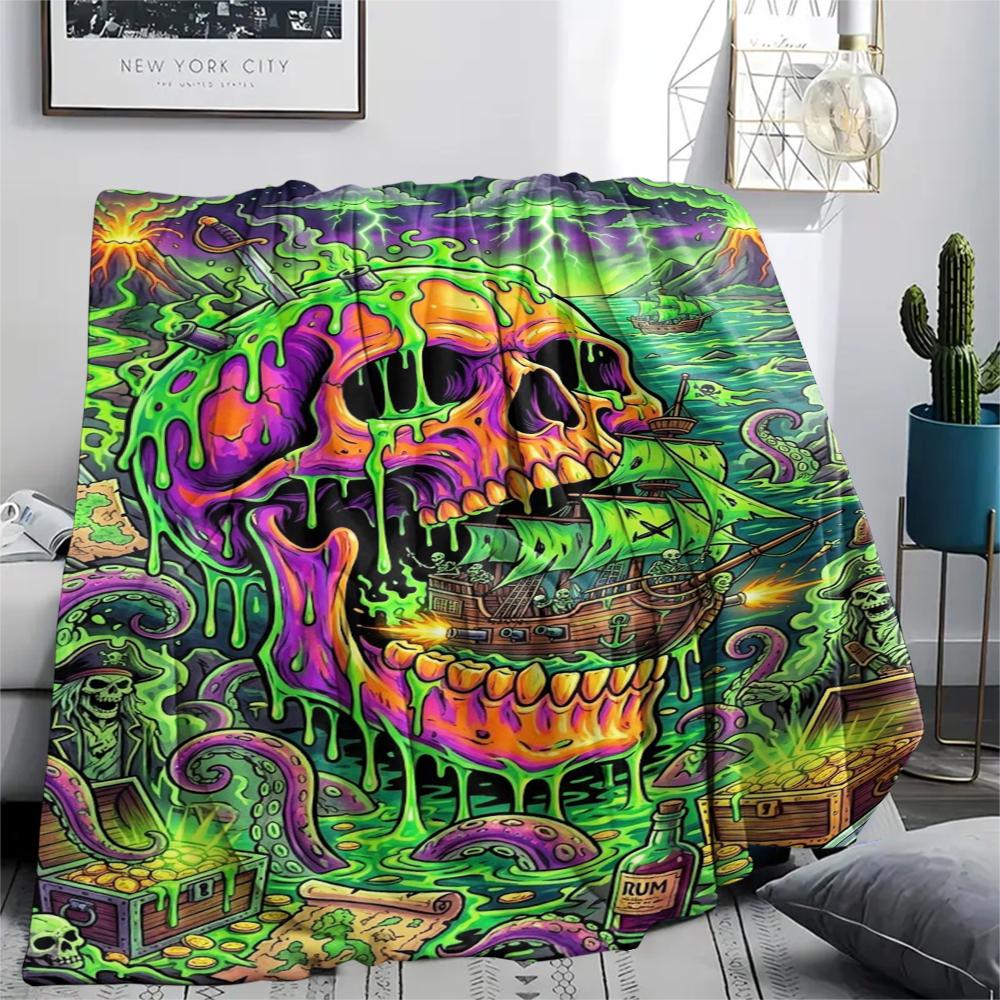 Corrosive Acid Skull and Rose Print Flannel Blanket,High Quality Comfortable for All Seasons,Home Decor,Warmth and Comfort,Perfect for Christmas Gifts