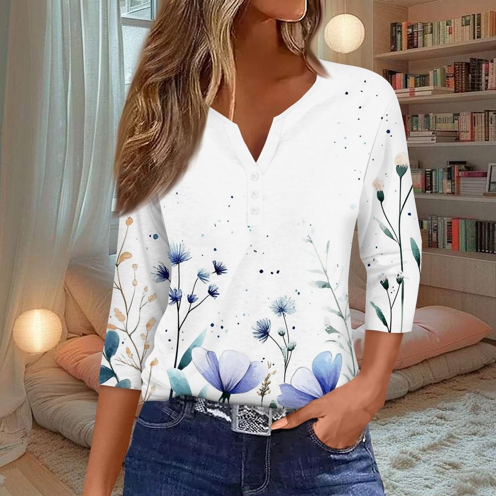 Damenmode Lässiges T-Shirt mit Blumendruck, V-Ausschnitt, dekorativen Knöpfen und Dreiviertelärmeln