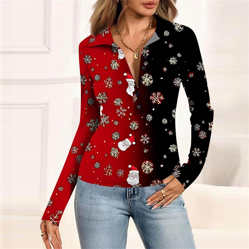 Damenmode Lässig Bedrucktes V-Ausschnitt Langarm Knopfleiste Oberteil