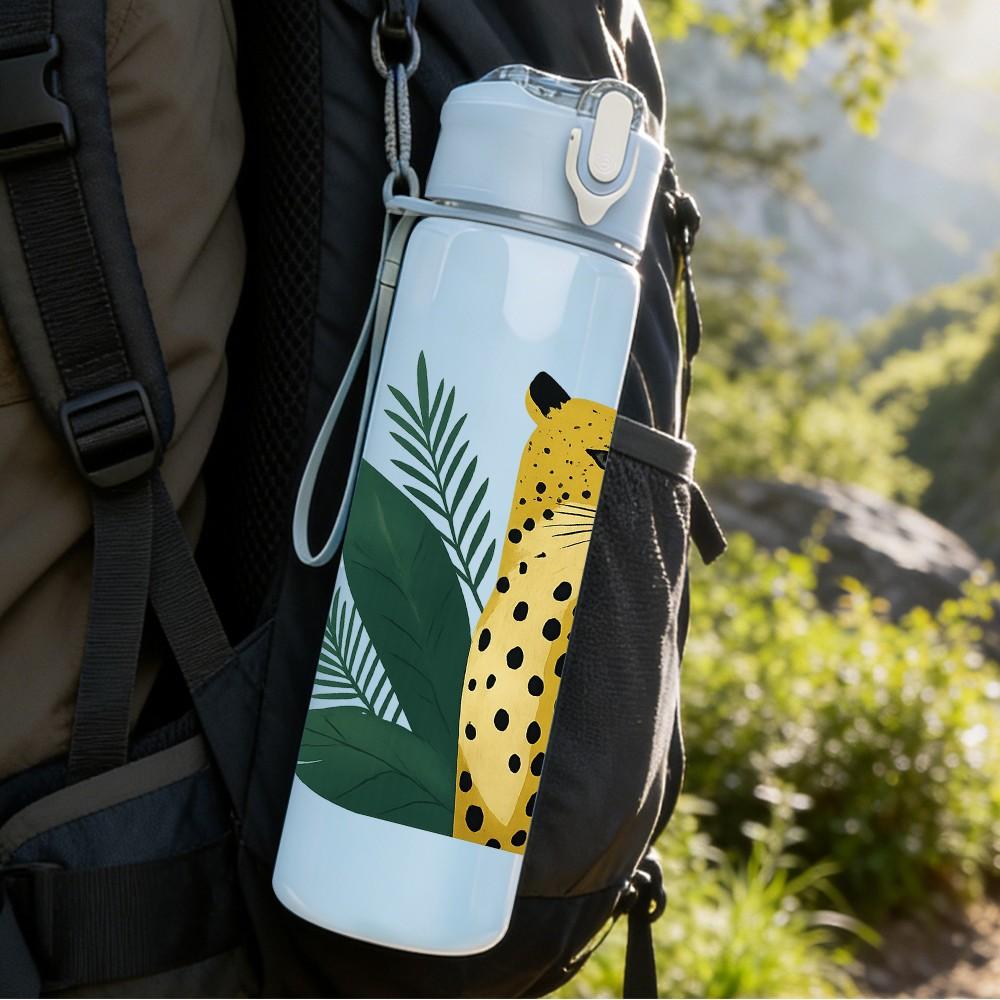 1PC Jungle Leopard Plant Leaf Portrait 750ml Color Plastic Sports Water Bottle Leakproof Flip Straw Lid Suitable for Sports Office Home Use
