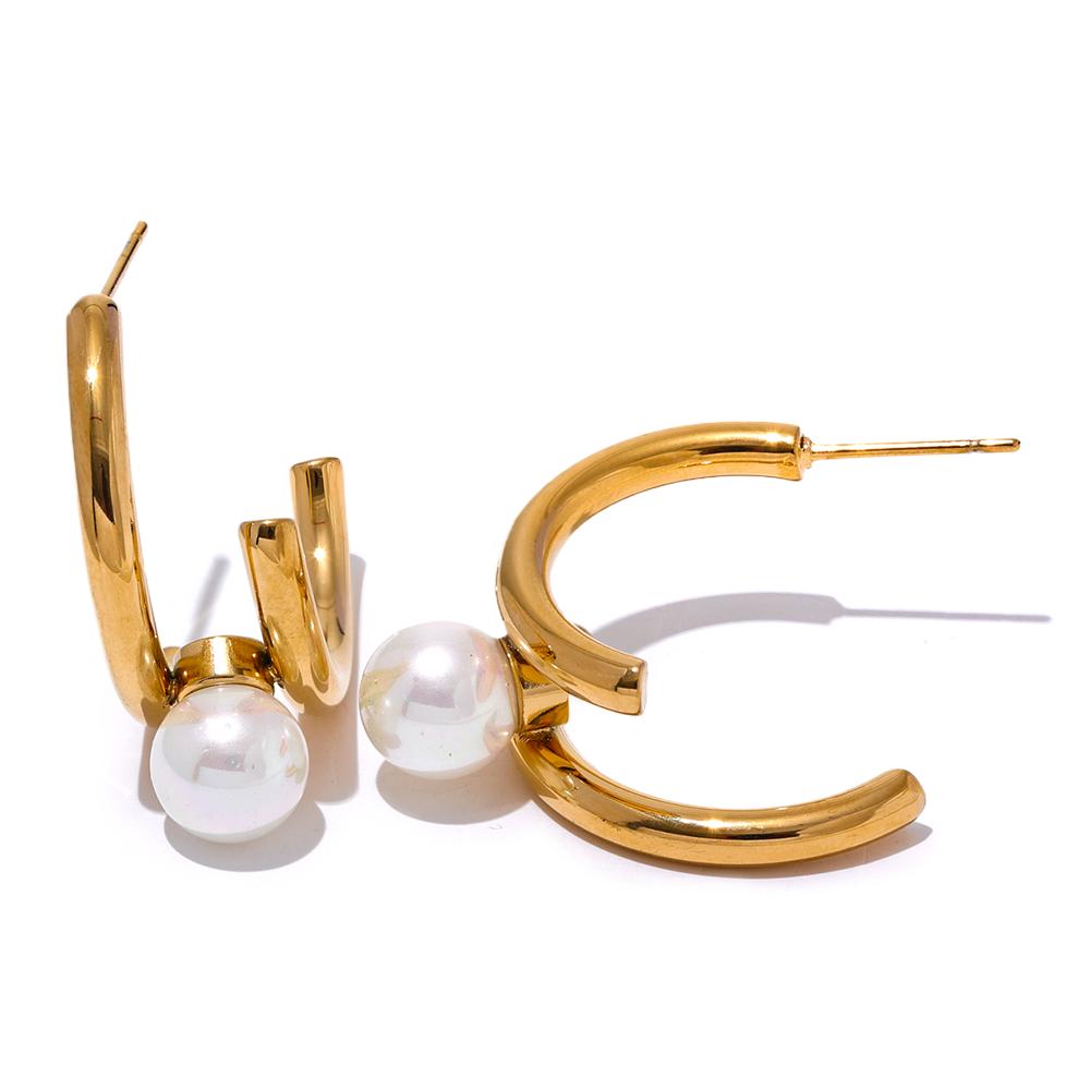 

Yhpup Trendy Imitation Pearls Stainless Steel Geometric Huggie Earrings Korean Temperament Anti Allergic Versatile Jewelry New