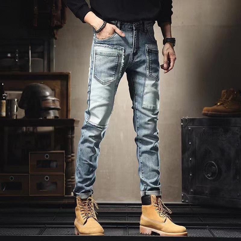 Tide Patch Gangster Handsome Jeans Men's Personality Multi-pocket Trend Slim Small Leg Trousers Collision Patch Stretch Trousers