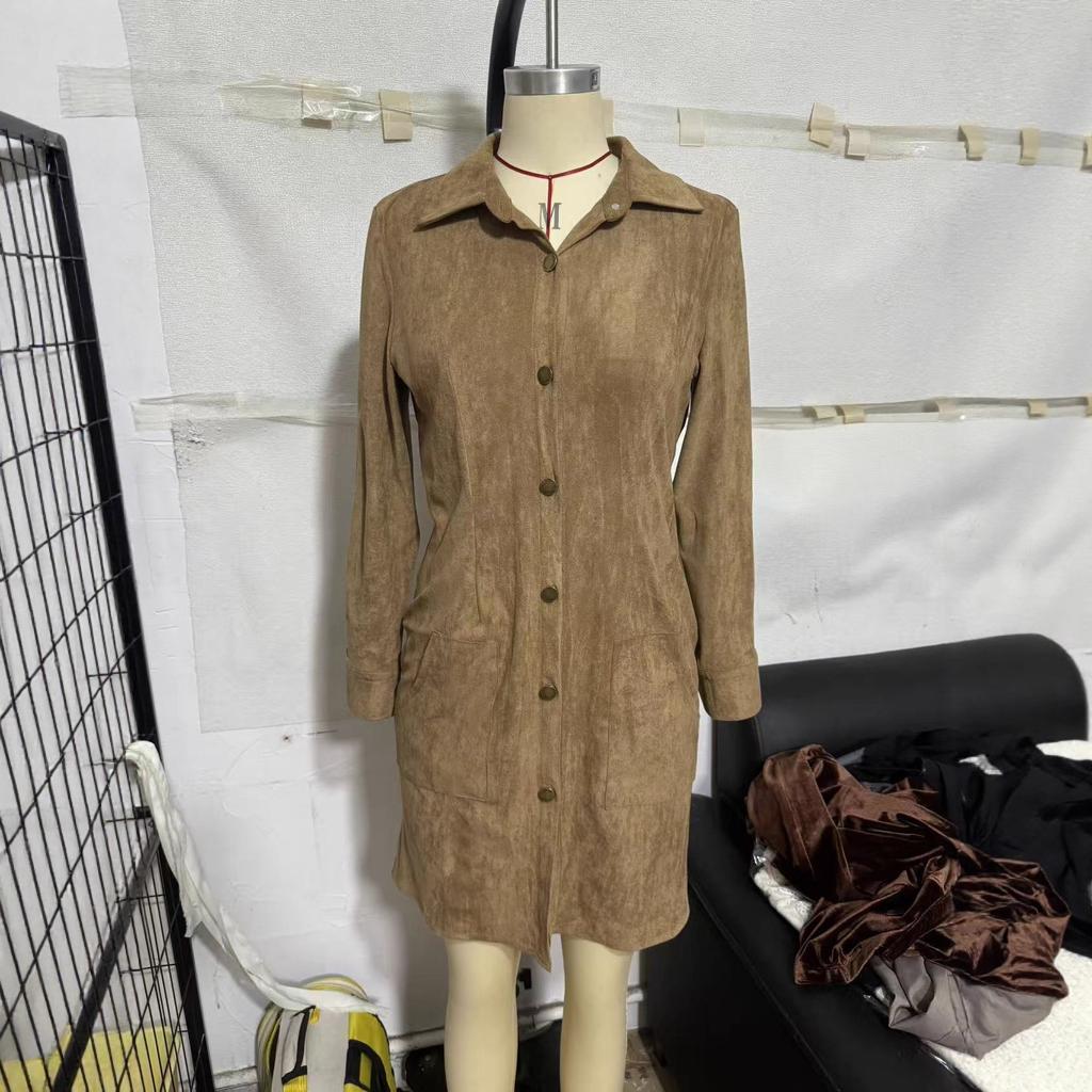 Brown Long Sleeve Suede Belted Dress