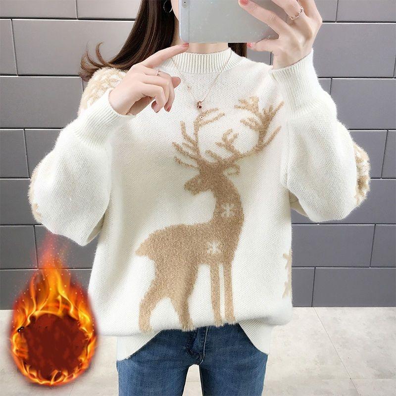 

Рождественский утолщенный женский свитер Elk Plus Velvet, универсальная свободная верхняя одежда на осень и зиму, нижняя рубашка 2XL