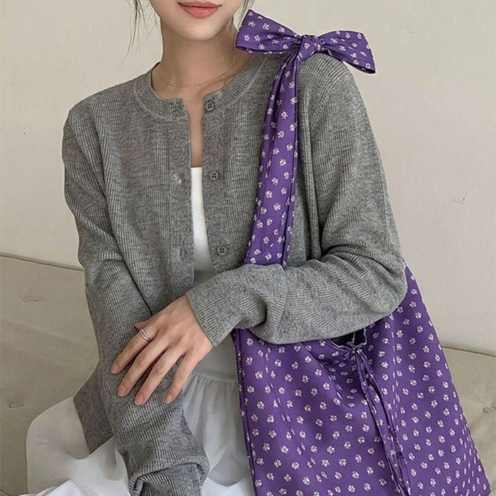 Prined Floral Pattern Canvas Bag Lightweight Handbags Fashion Tie Bow Shoulder Bag  Outdoor