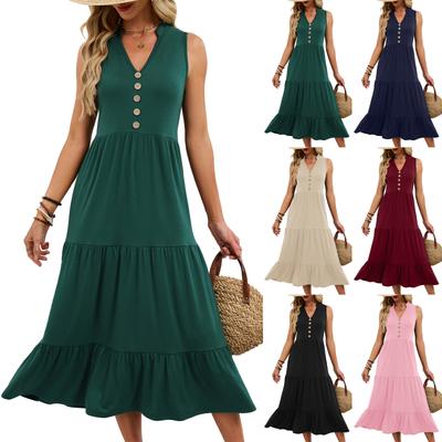 Women's Fashionable Color V-neck Button Sleeveless Long Pleated Loose Dress