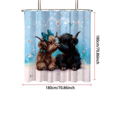 1pc Cartoon Highland Cow Print Waterproof Shower Curtain Multiple Sizes Privacy Hanging Curtain 12 Hooks Easy Installation