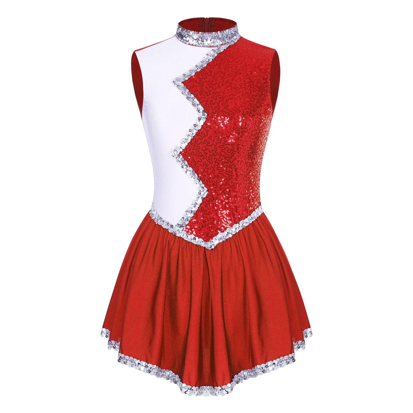 

Womens Figure Skating Dress Shiny Sequin Color Block Patchwork Sleeveless Performance Costume Ice Dancewear S червоний